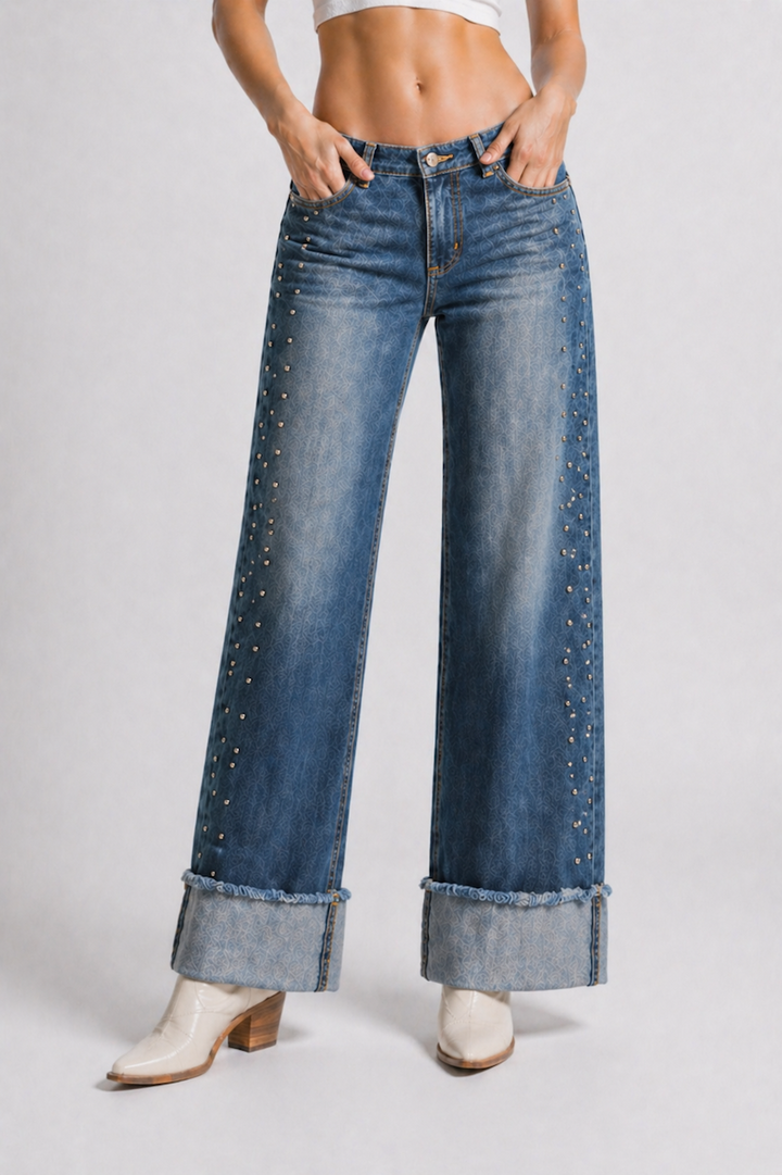 Venta Stud Low Rise Cuffed Wide Leg Jeans GJG DENIM