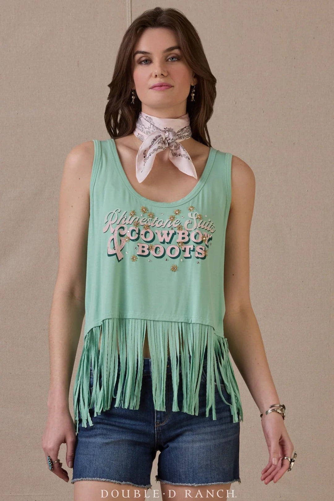 Double D Ranch Rhinestone Suits & Cowboy Boots Fringe Tank Top Neon Spur
