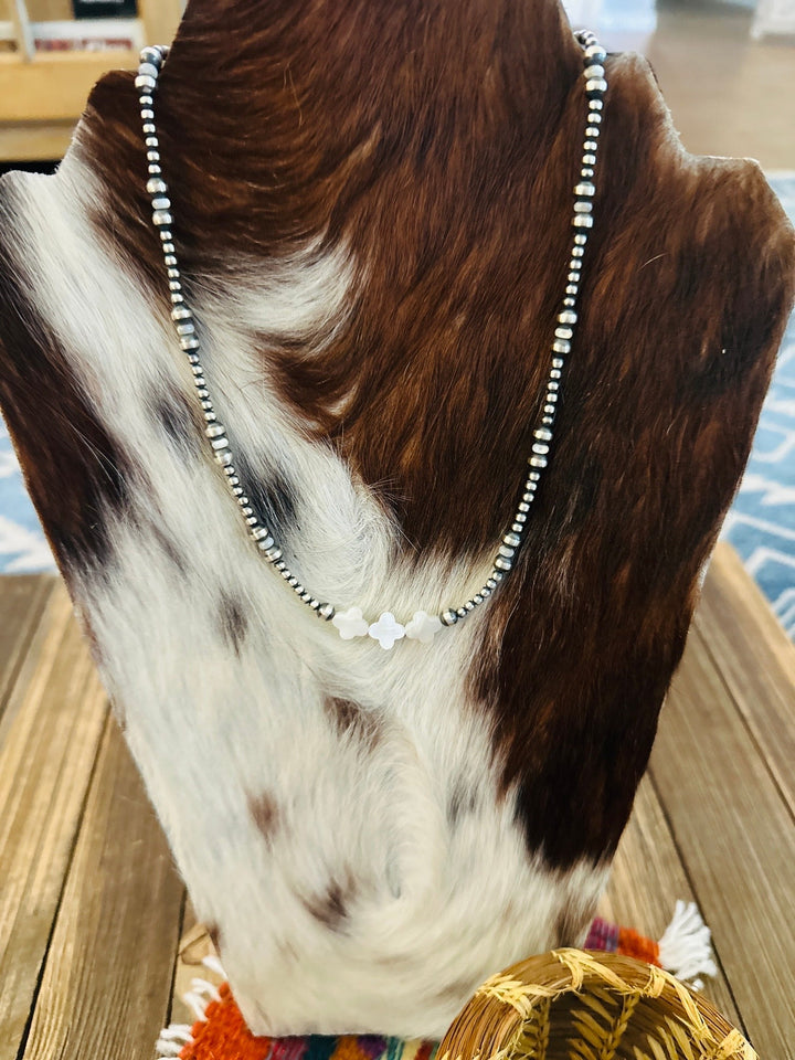 Handcrafted Mother of Pearl & Sterling Silver Pearl 18” Cross Beaded Necklace Nizhoni Traders LLC