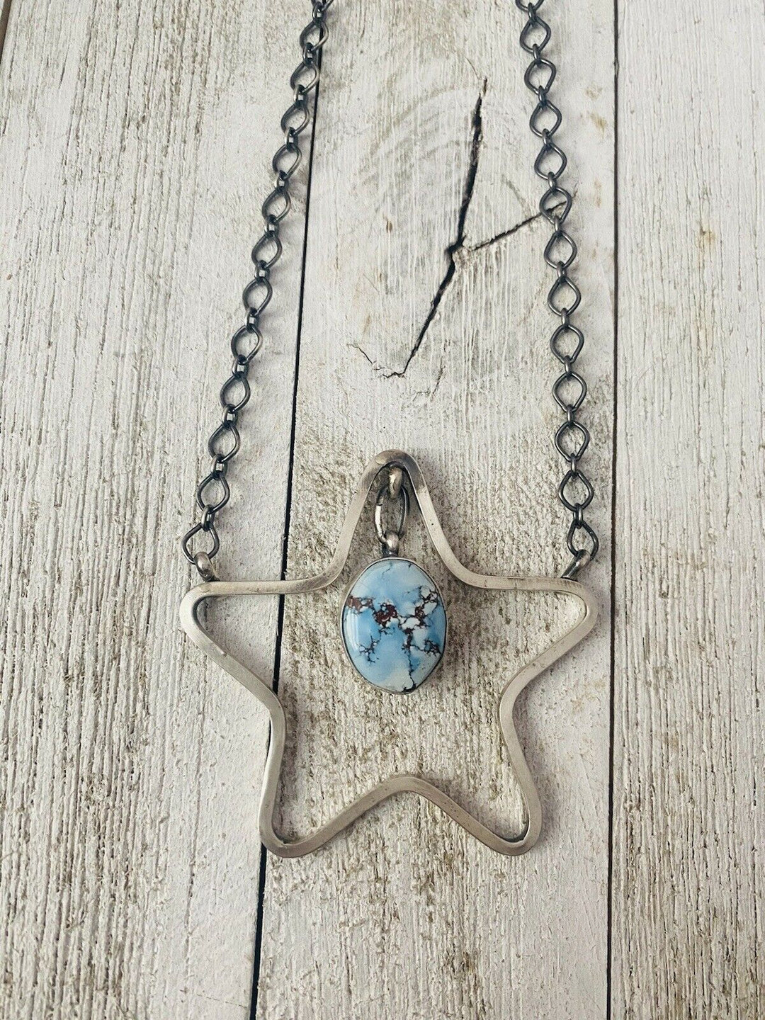 Handcrafted Golden Hills Turquoise & Sterling Silver Star Necklace Signed Nizhoni Traders LLC