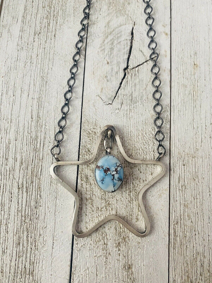 Handcrafted Golden Hills Turquoise & Sterling Silver Star Necklace Signed Nizhoni Traders LLC