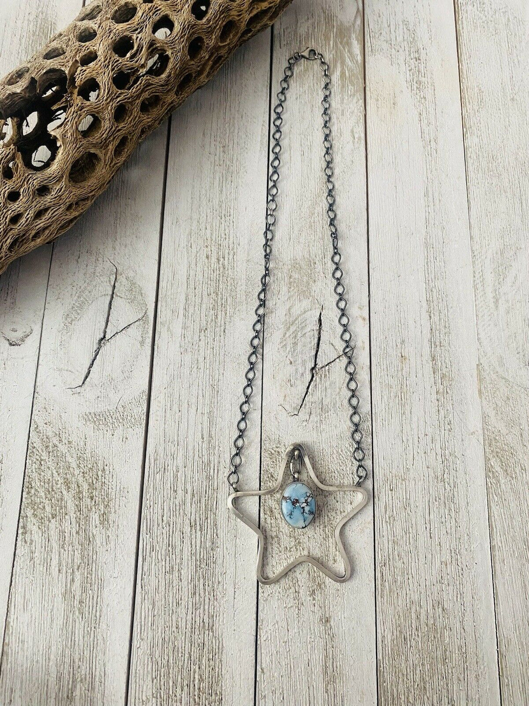 Handcrafted Golden Hills Turquoise & Sterling Silver Star Necklace Signed Nizhoni Traders LLC