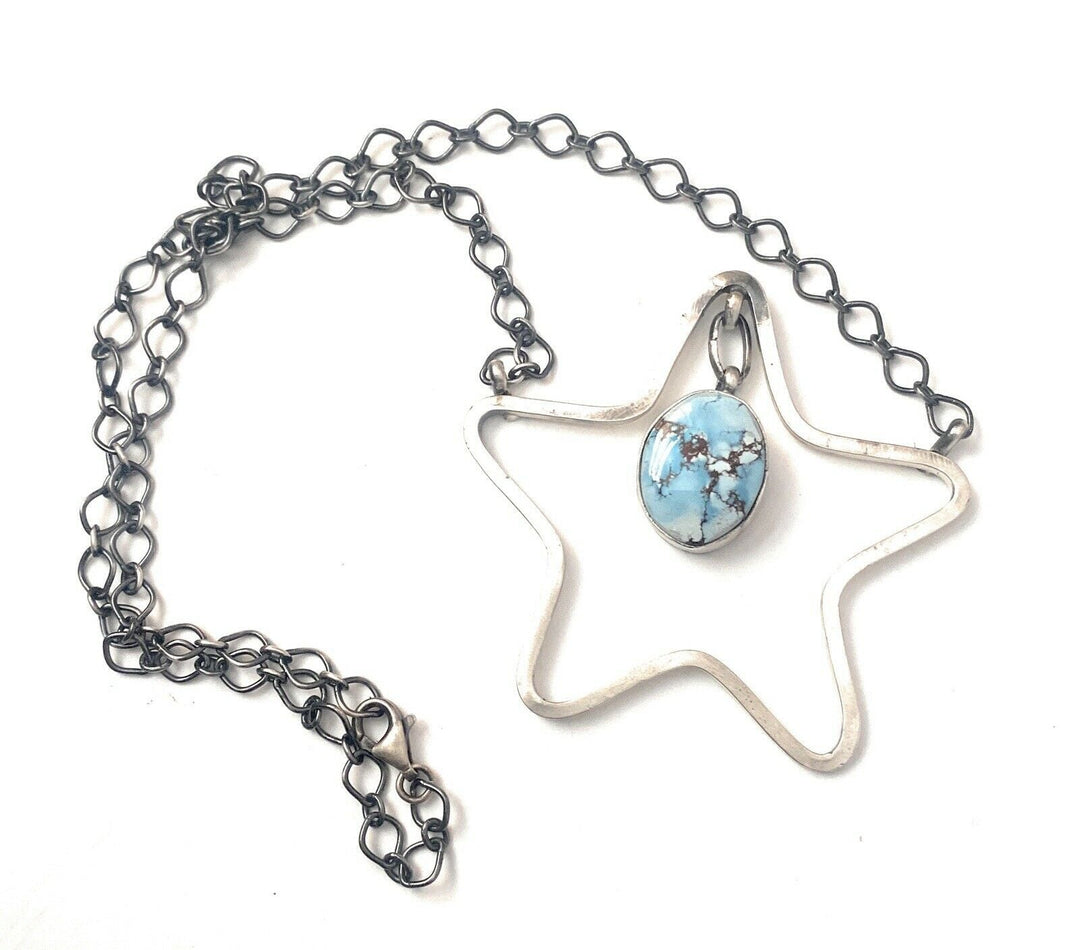 Handcrafted Golden Hills Turquoise & Sterling Silver Star Necklace Signed Nizhoni Traders LLC