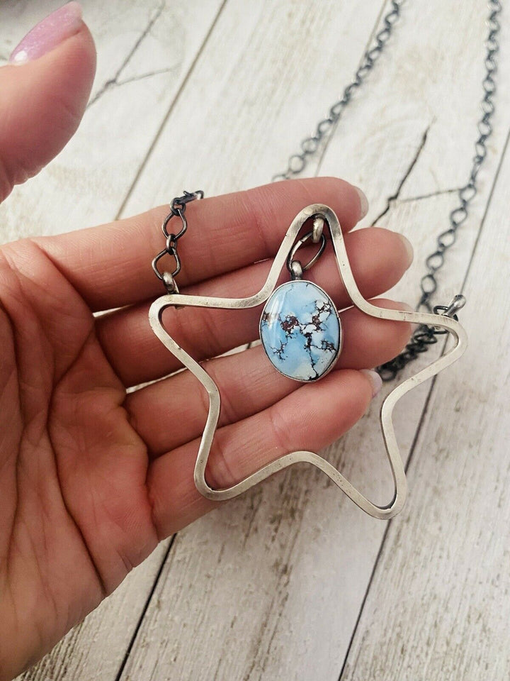 Handcrafted Golden Hills Turquoise & Sterling Silver Star Necklace Signed Nizhoni Traders LLC