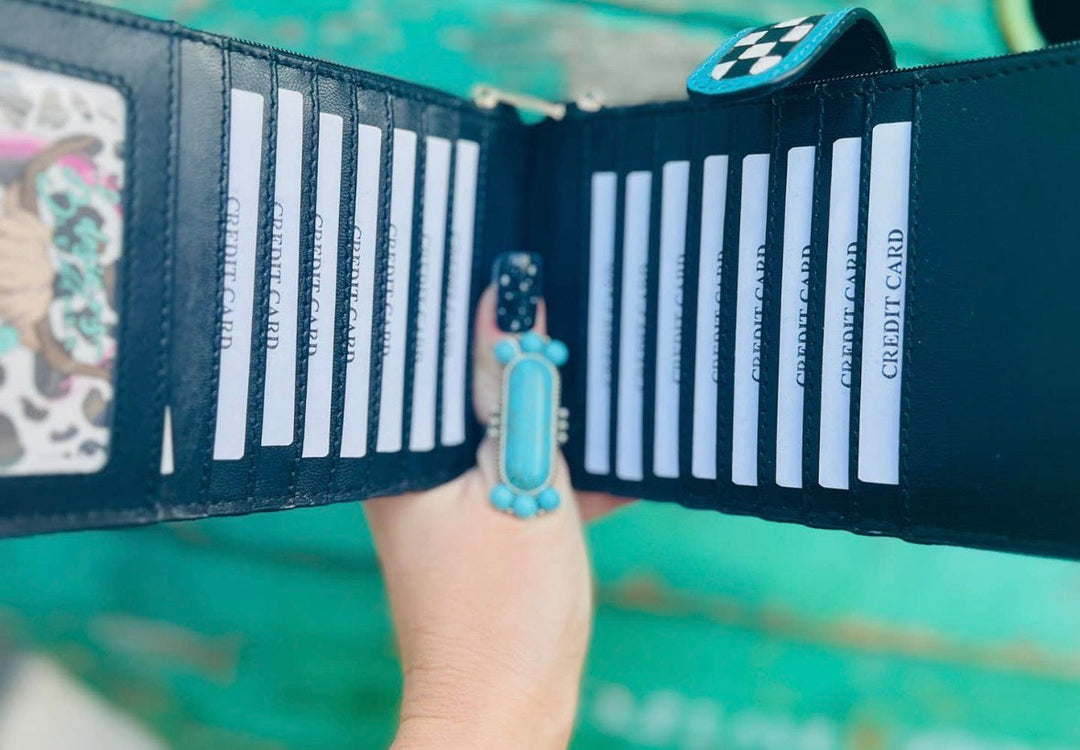 Turquoise Electric Rodeo Checkers Long Wallet Neon Spur