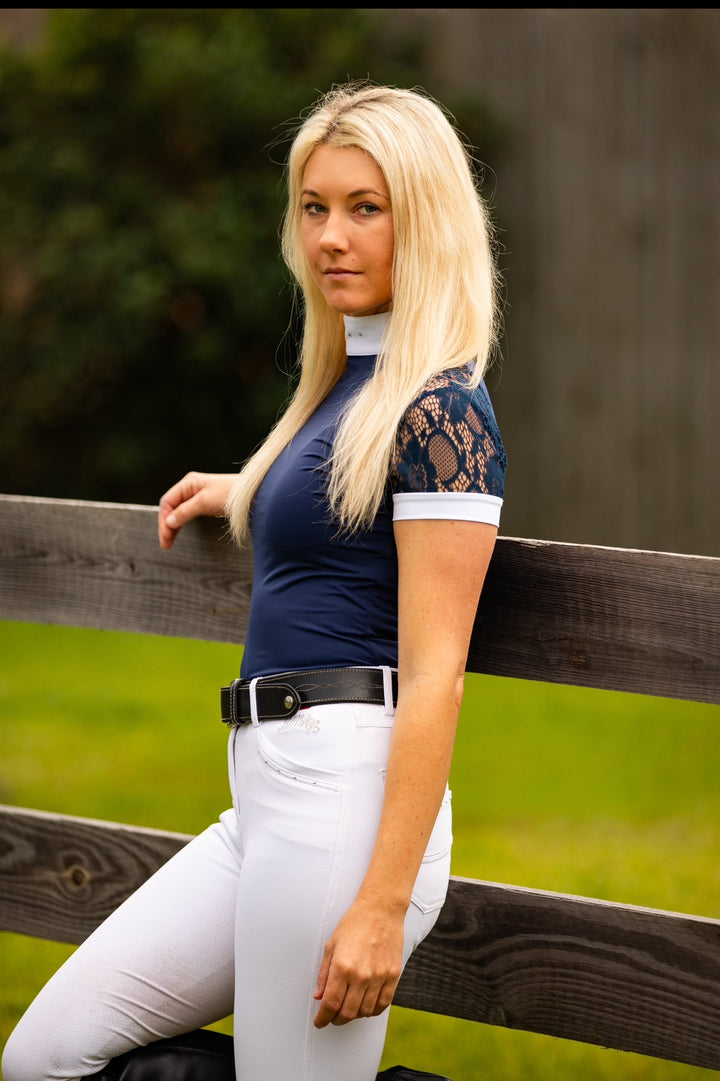 Short Sleeve Lace Riding Shirt- Navy