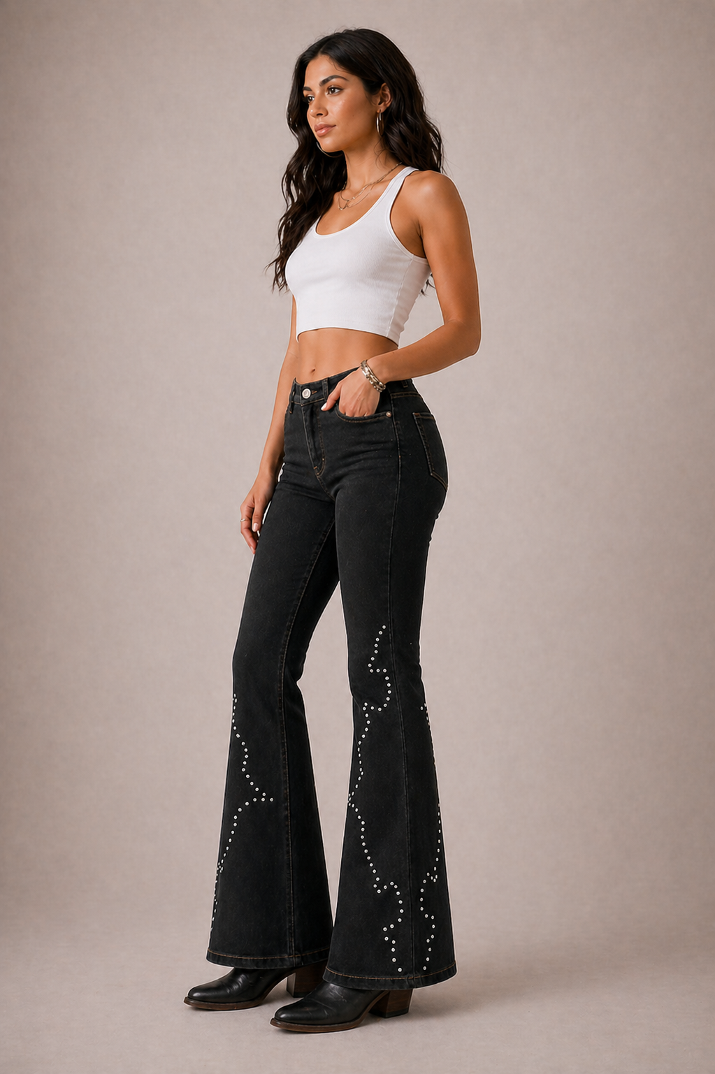 Santa Fe Studded Bootcut Jeans - Black Denim GJG DENIM
