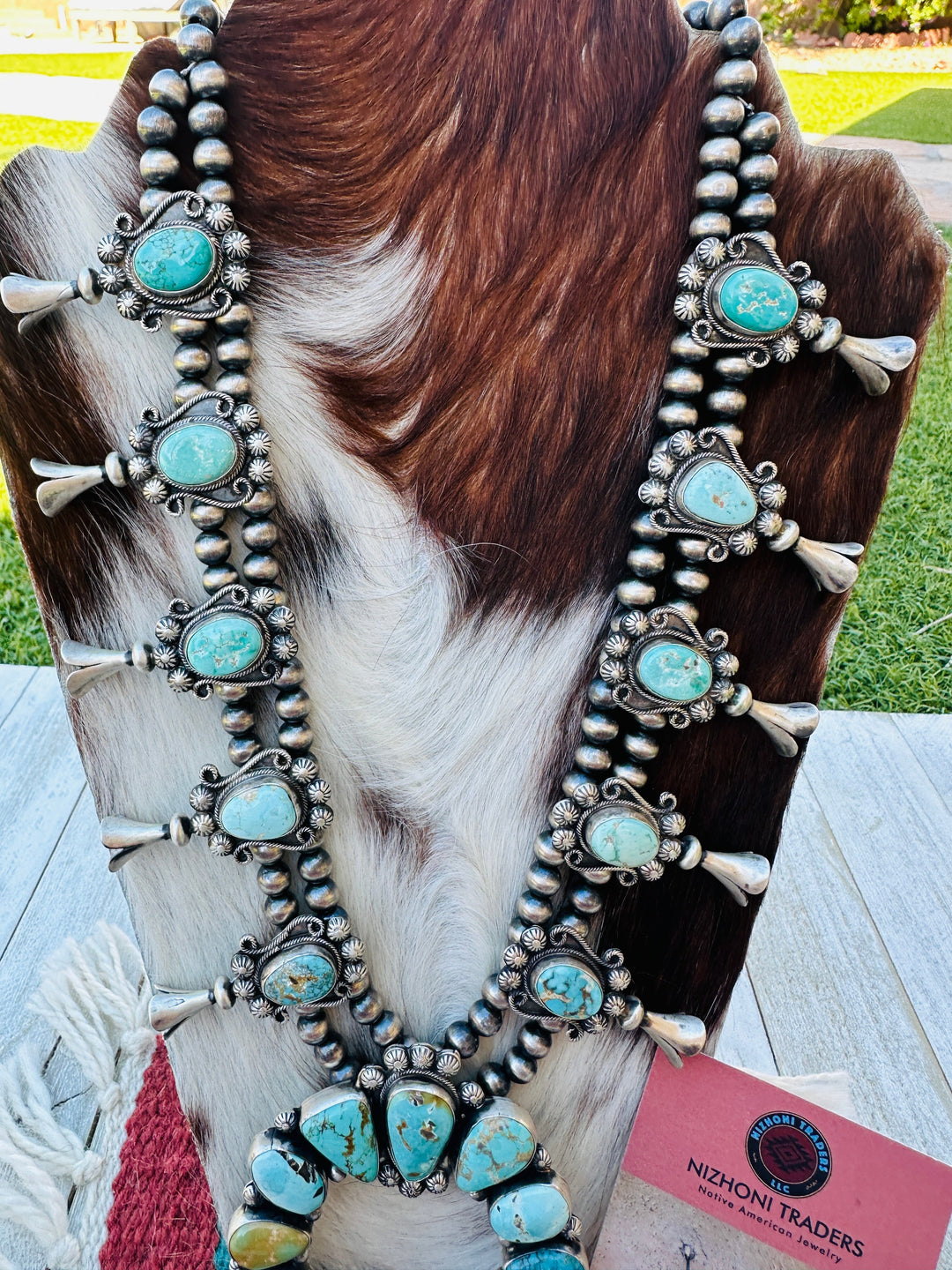 Handcrafted Turquoise & Sterling Silver Squash Blossom Necklace and Earring Set by Bobby Johnson