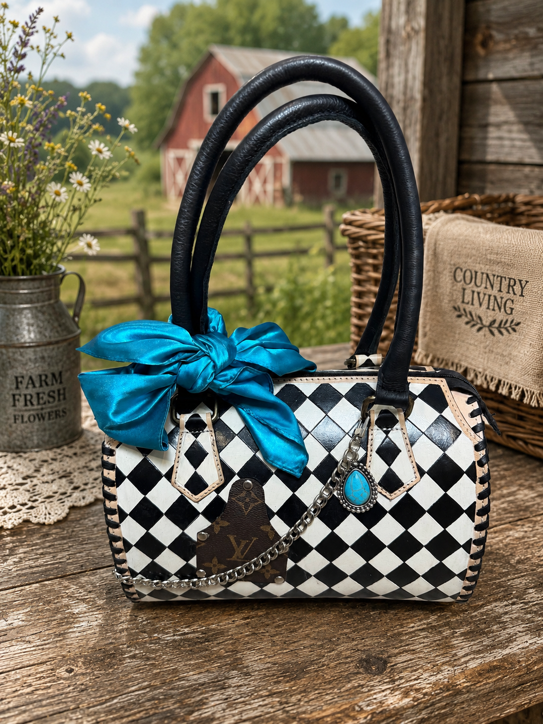 Upcycled LV Black & White Checkered Leather Speedy Bag Southern Junkie Gypsy Boutique
