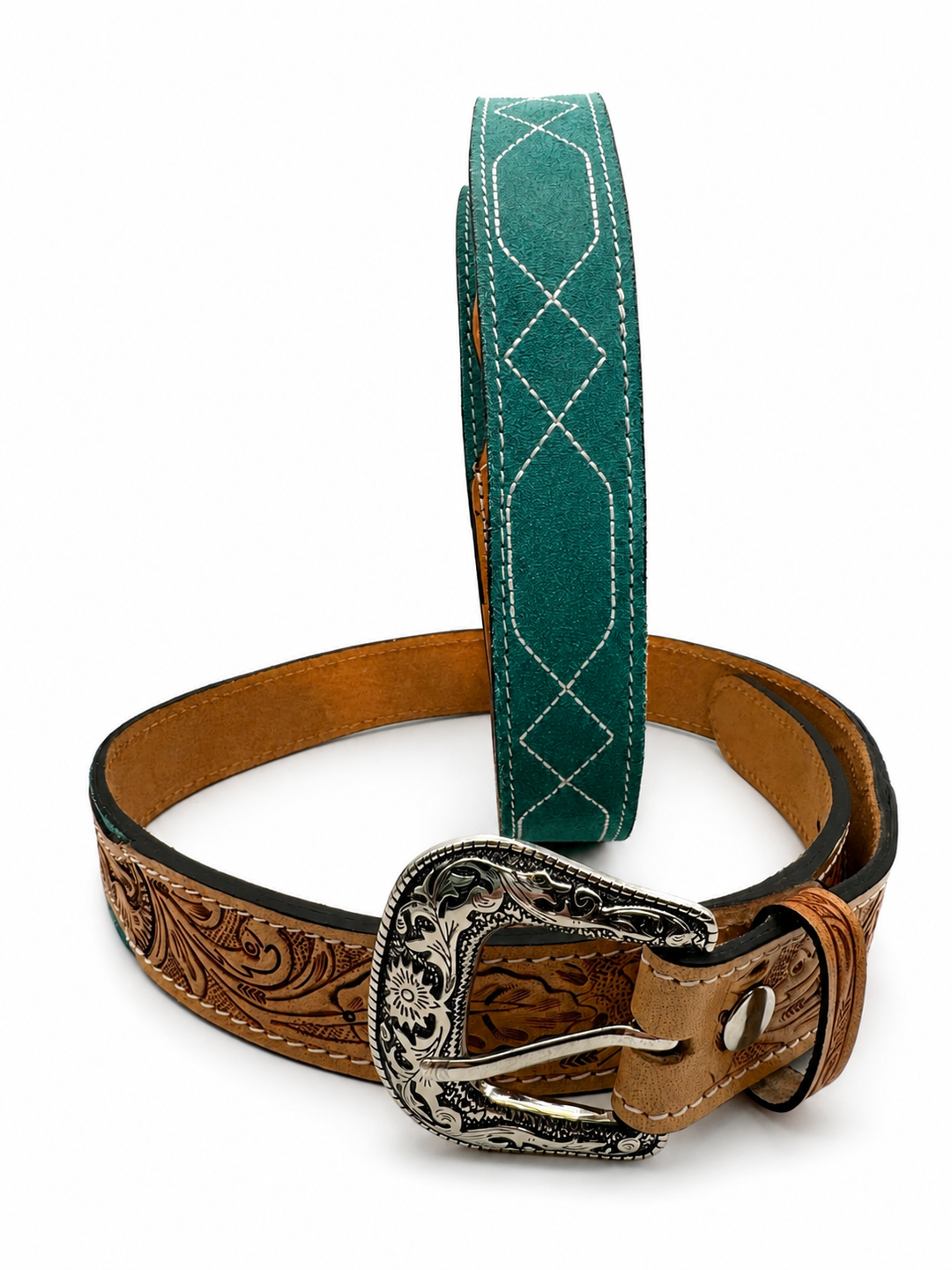 Western Stitch Genuine Suede & Hand Tooled Leather Belt -Turquoise Neon Spur