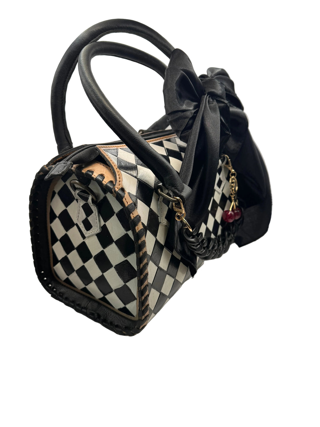 Black Cherry Checkered Speedy Bag -Genuine Leather