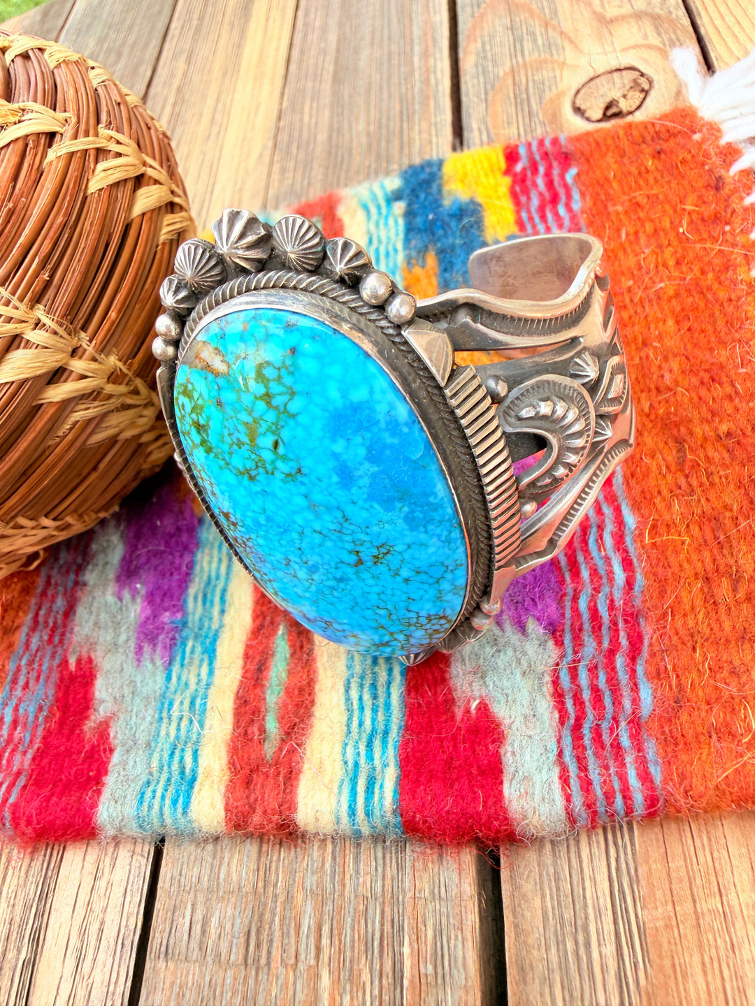 Handcrafted Kingman Web Turquoise & Sterling Silver Cuff Bracelet By Aaron Toadlena