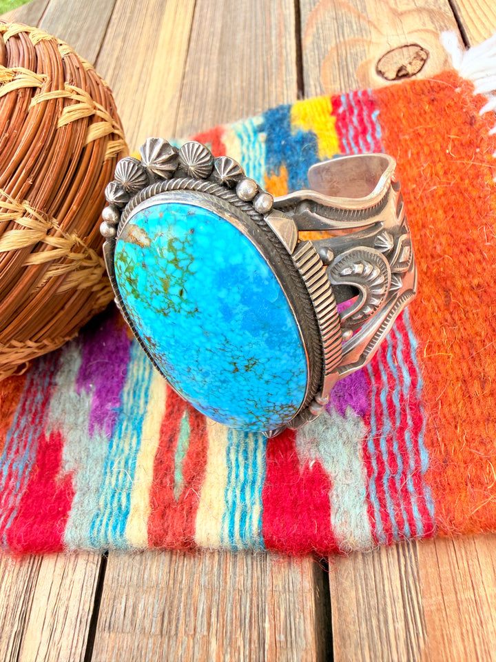 Handcrafted Kingman Web Turquoise & Sterling Silver Cuff Bracelet By Aaron Toadlena