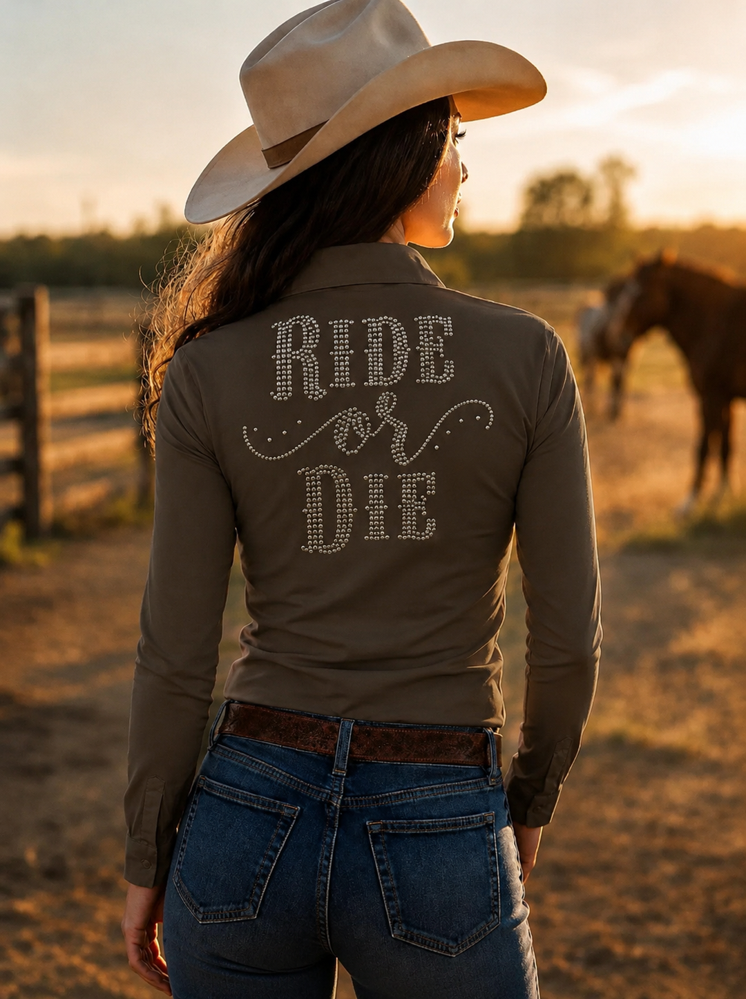 Ride Or Die Rhinestone Button Up 4 Way Stretch Rodeo Shirt - Coffee Brown Neon Spur