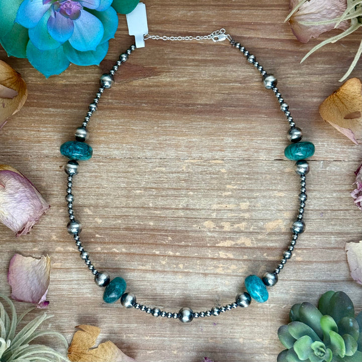 18.5” Turquoise & Sterling Silver Pearls Necklace
