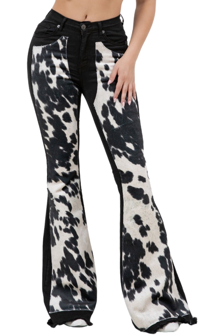 Rodeo Faux Cowhide Chap Panel Bell Bottom Jeans -Black Denim GJG DENIM