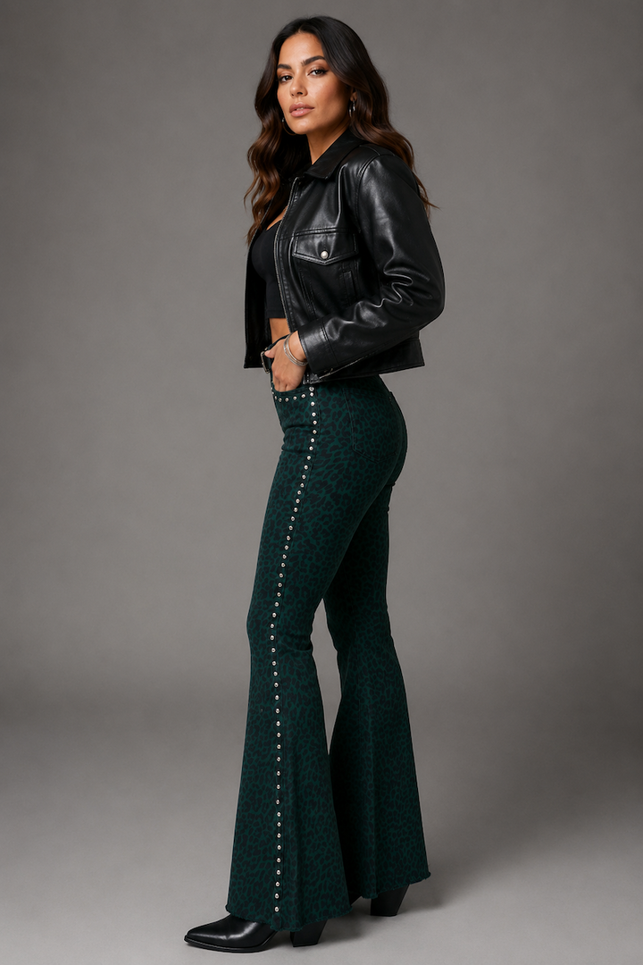 Studded Green Leopard Bell Bottom Jeans GJG DENIM