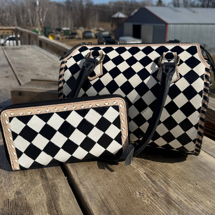 Black and White Speedy Checkered Genuine Western Cowhide Leather Purse Double B Wild Rags