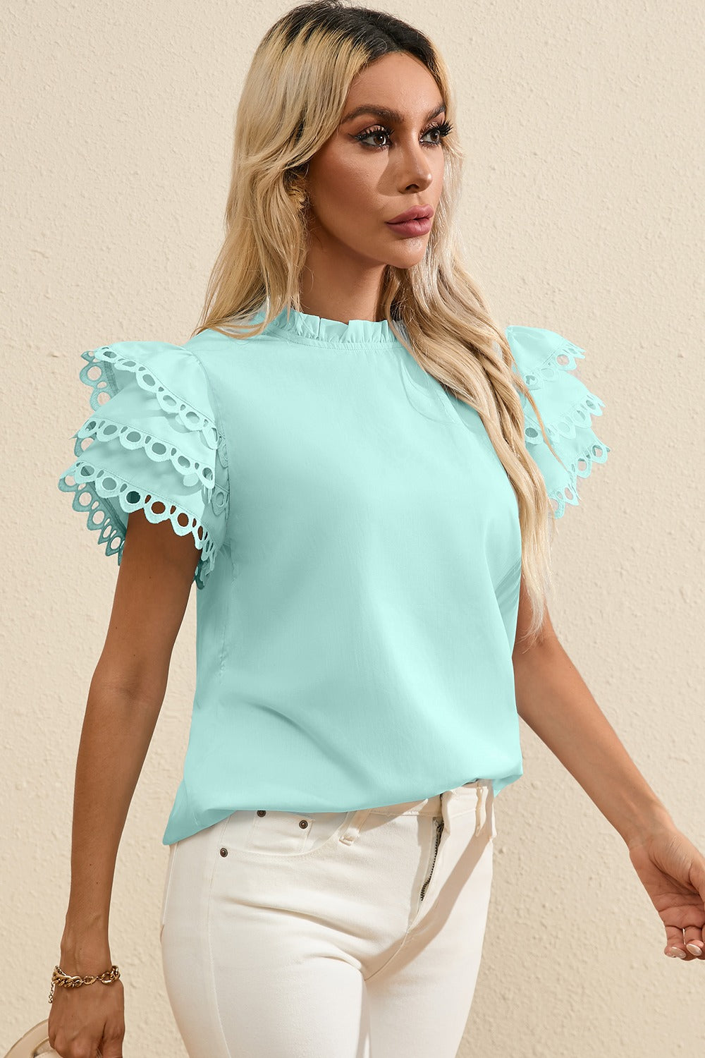 Ruffled Eyelet High Neck Cap Sleeve Blouse