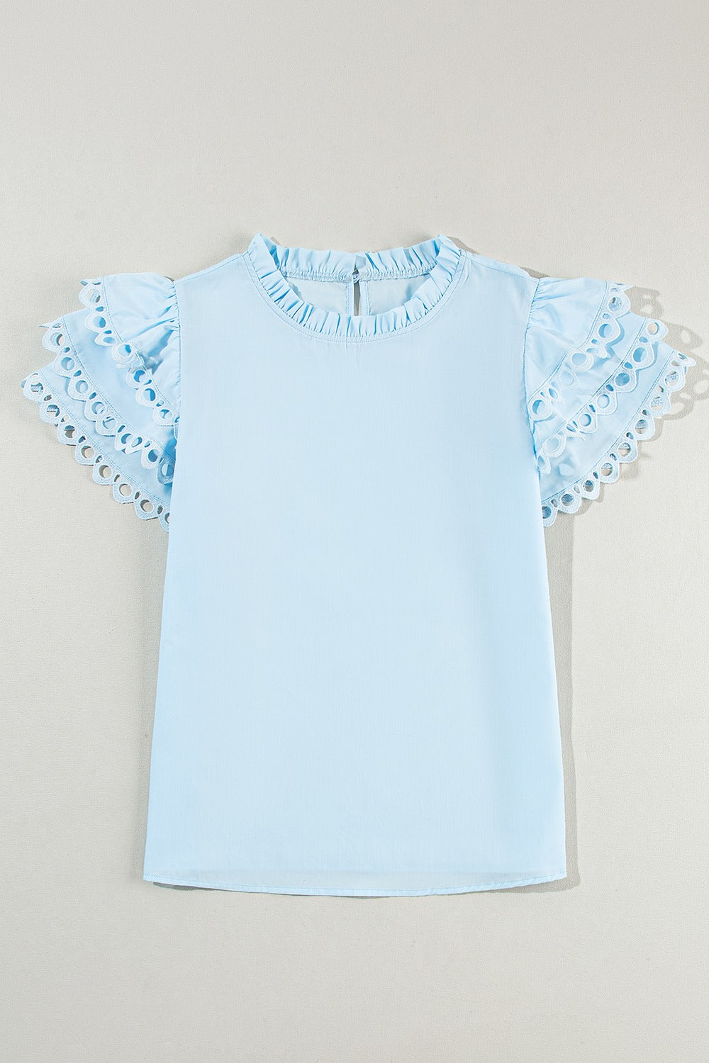 Ruffled Eyelet High Neck Cap Sleeve Blouse