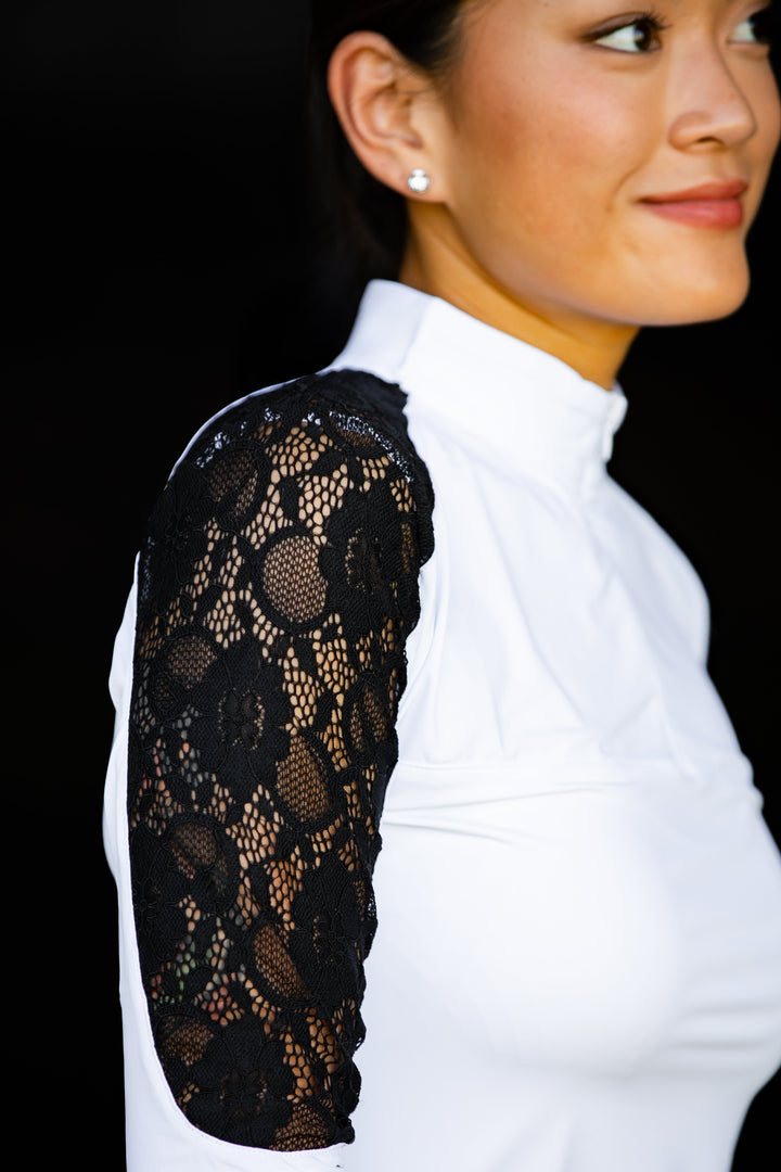 White & Black Lace Long Sleeve Zip Front Riding Shirt
