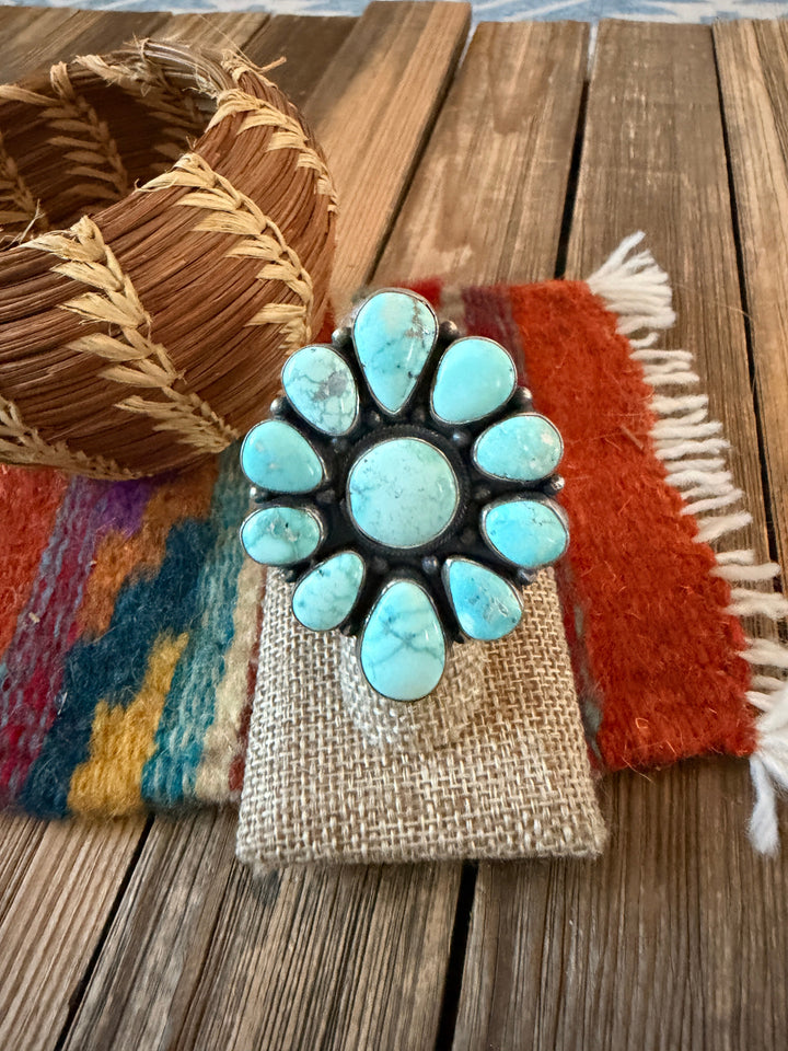 Handcrafted Carico Lake Turquoise & Sterling Silver Cluster Ring -Size 8.75 by Sheila Becenti Nizhoni Traders LLC