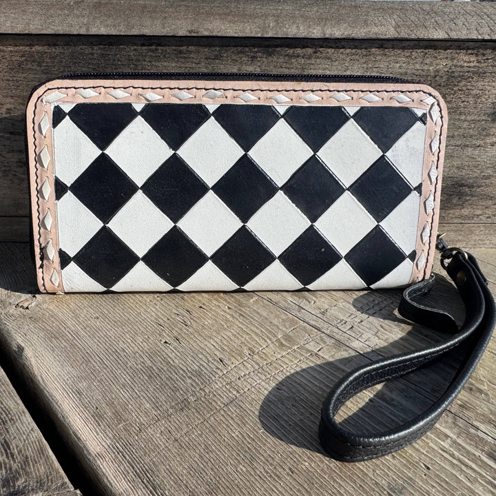 Black and White Speedy Checkered Genuine Western Cowhide Leather Purse Double B Wild Rags