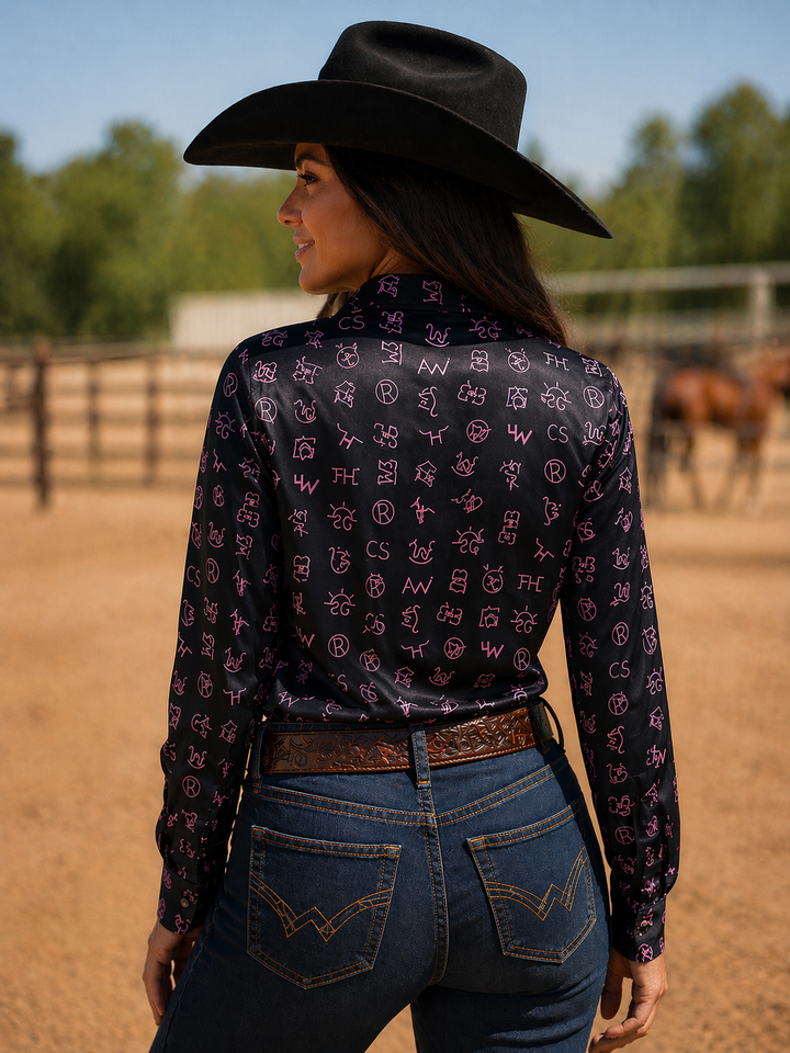 Neon Spur Brand Babe Lightweight Satin Button Up Rodeo Shirt Blouse Neon Spur