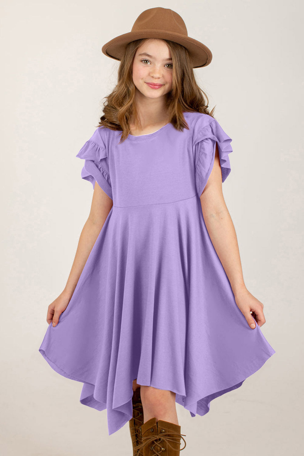 Round Neck Petal Sleeve Girls Dress