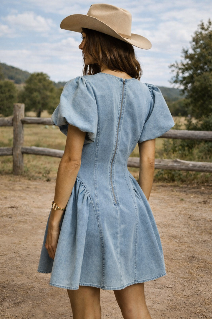 Bubble Sleeves Denim Fit And Flare Mini Dress