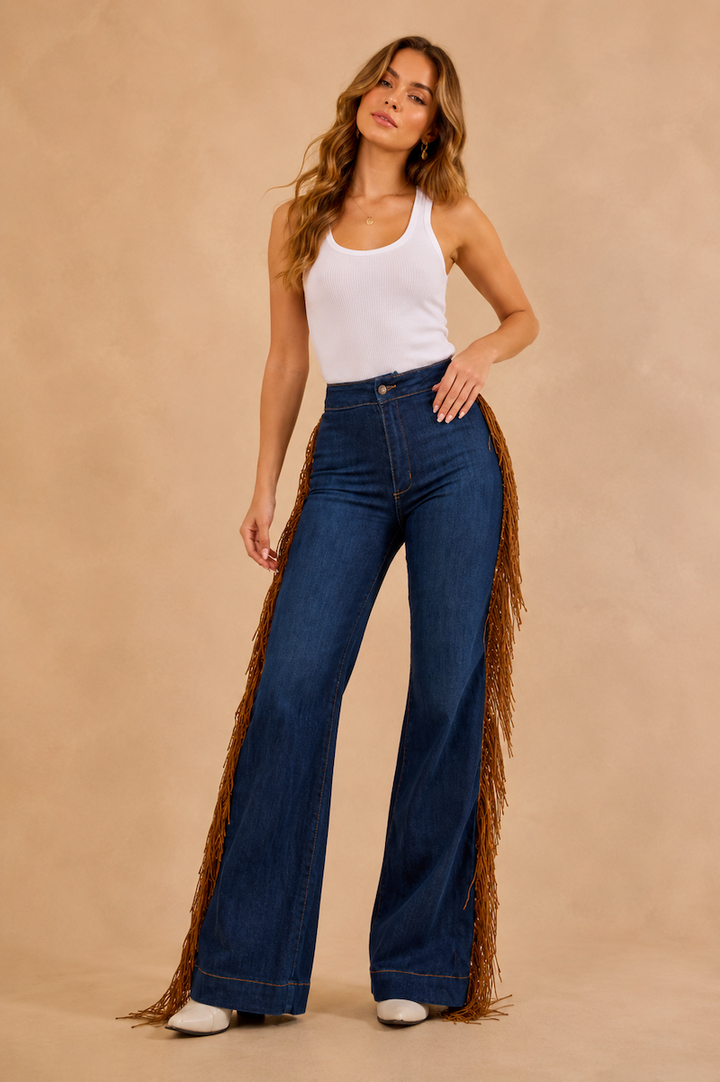 Harley Wide Leg Fringe Jean in Dark Wash GJG DENIM