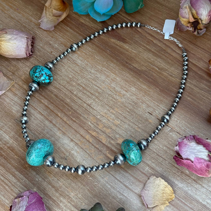 20” Turquoise Rondelle Necklace – Sterling Silver Pearls