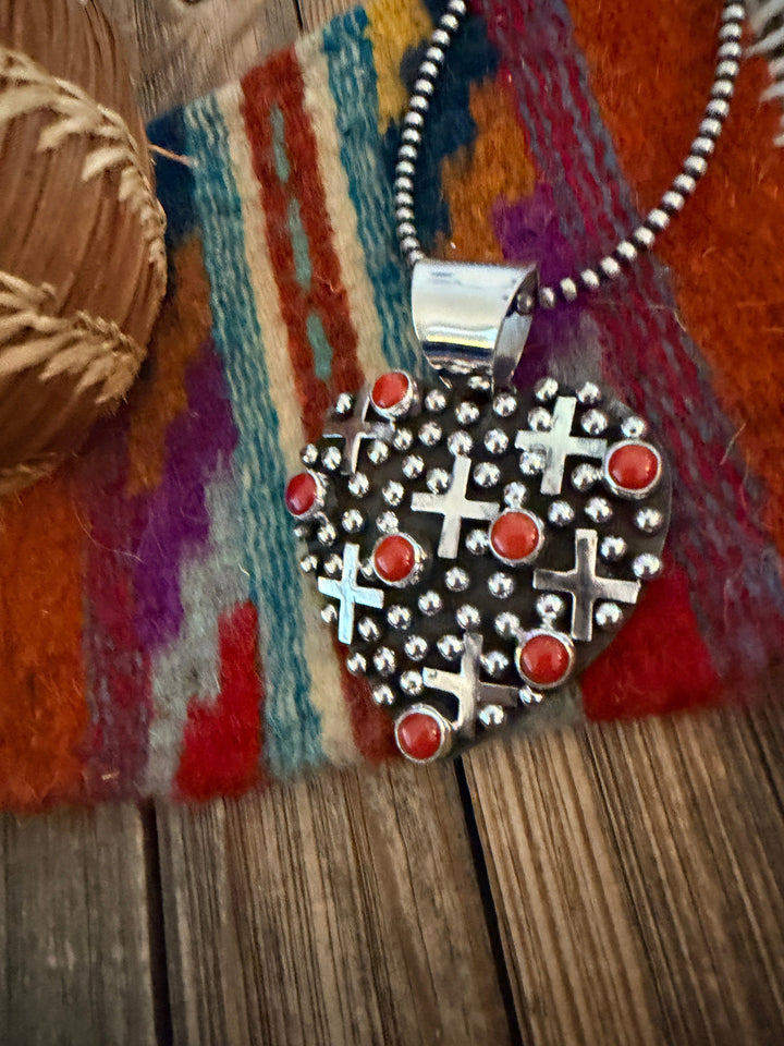 Handcrafted Coral & Sterling Silver Heart Cross Pendant by Geneva Apachito Nizhoni Traders LLC