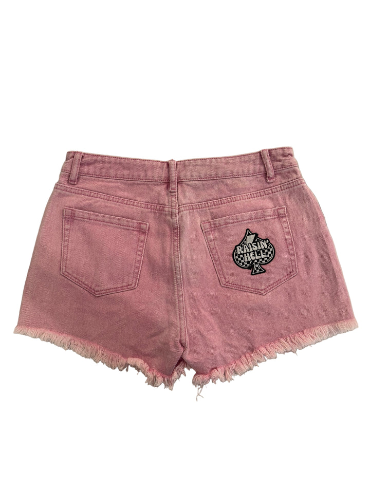 Raisin’ Hell Pink High Rise Crossover Waist Denim Shorts
