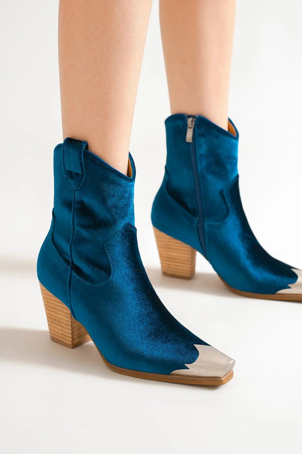 Blue Velvet Block Heel Boots