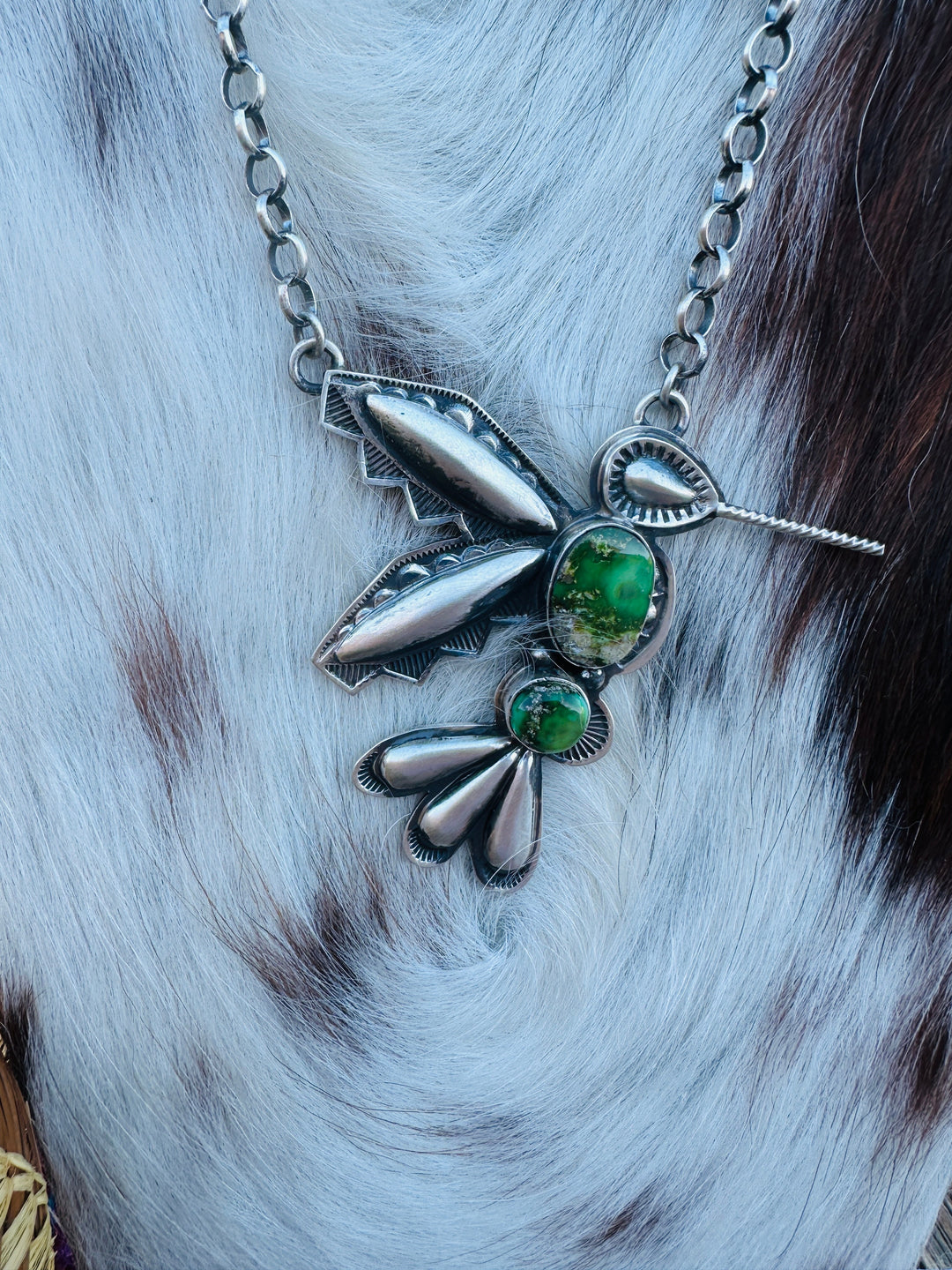 Handcrafted Sonoran Gold Turquoise & Sterling Silver Hummingbird Necklace by Charles Johnson