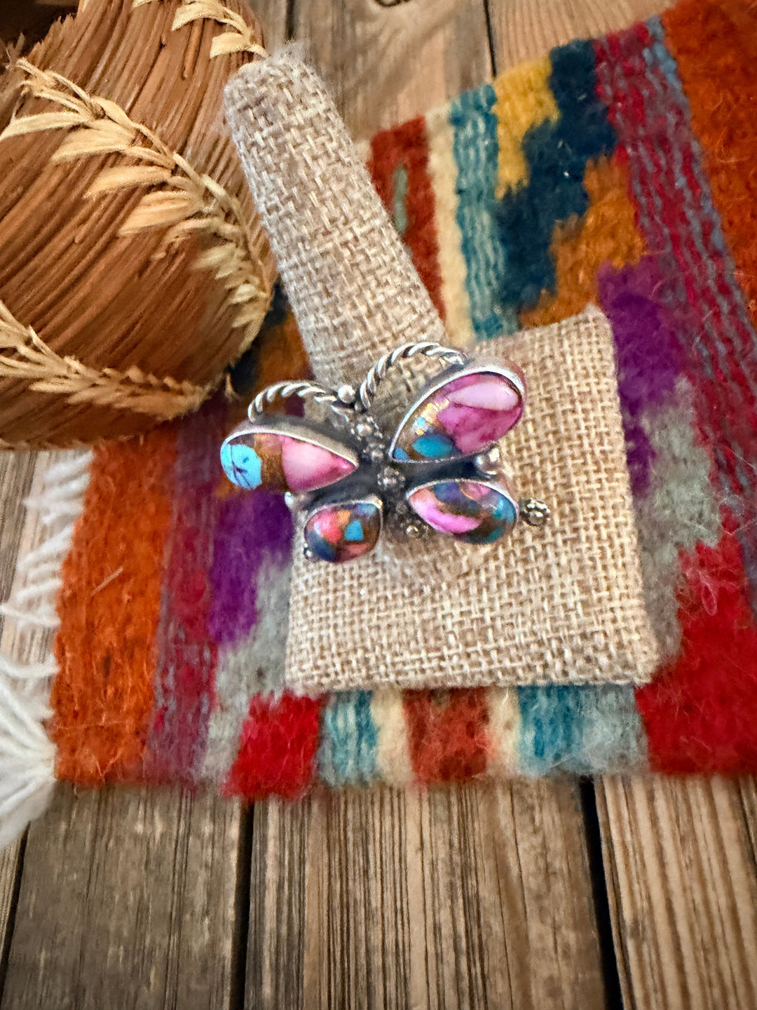 Handcrafted Pink Dream Mojave & Sterling Silver Adjustable Butterfly Ring Nizhoni Traders LLC
