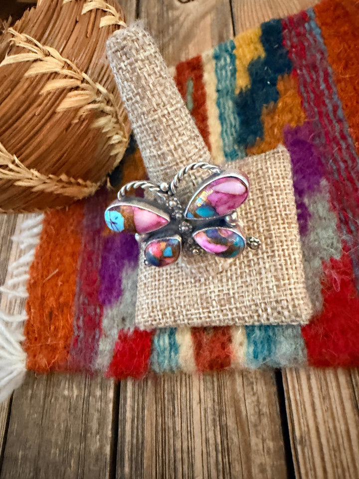 Handcrafted Pink Dream Mojave & Sterling Silver Adjustable Butterfly Ring Nizhoni Traders LLC
