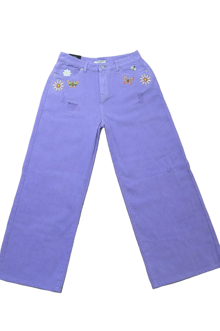 Easter Purple Spring Patch High Waist Distressed Wide Leg Baggy Jeans Neon Spur