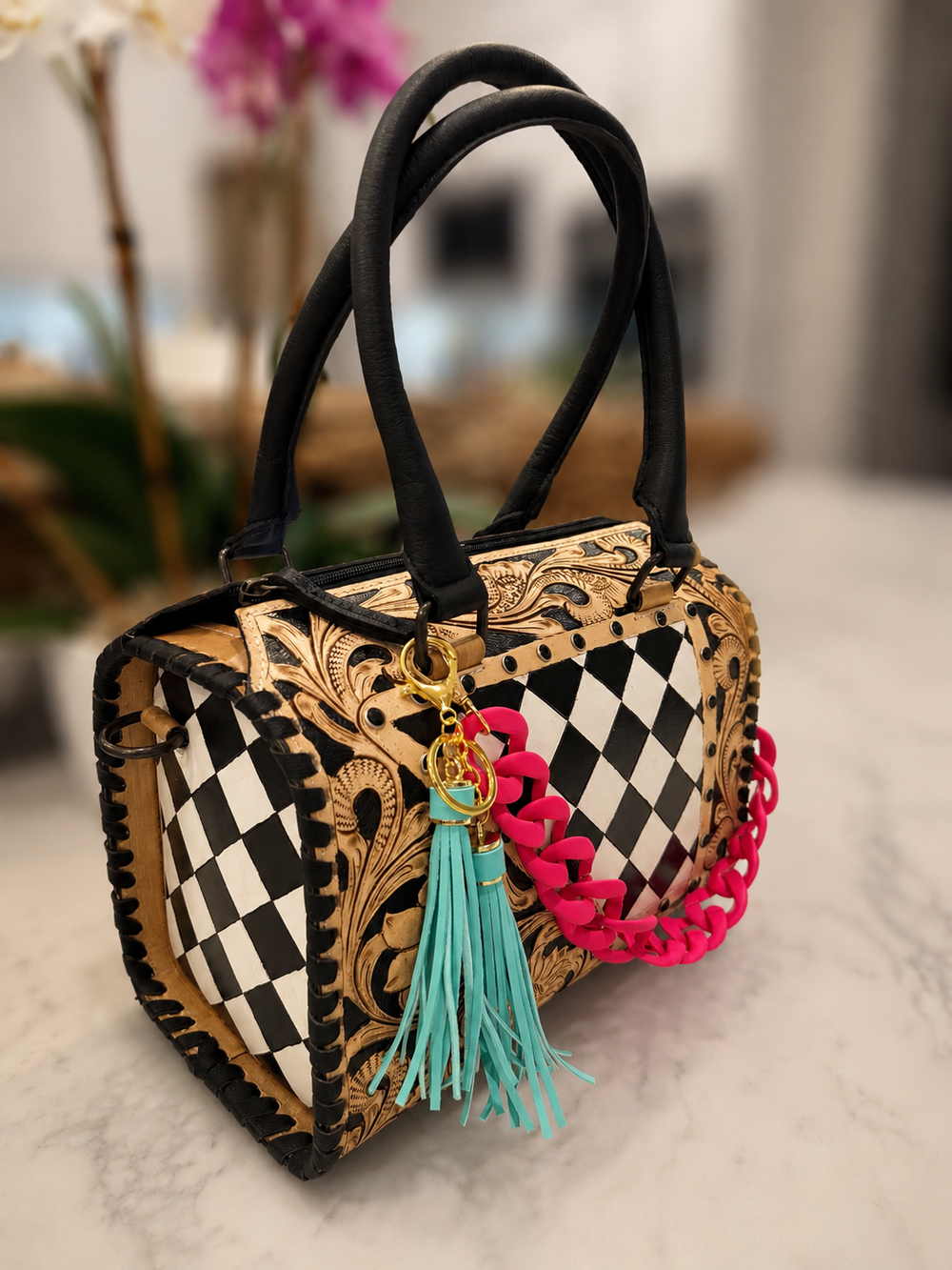 The Neon Rodeo Tooled Leather Checkered Speedy Handbag Neon Spur