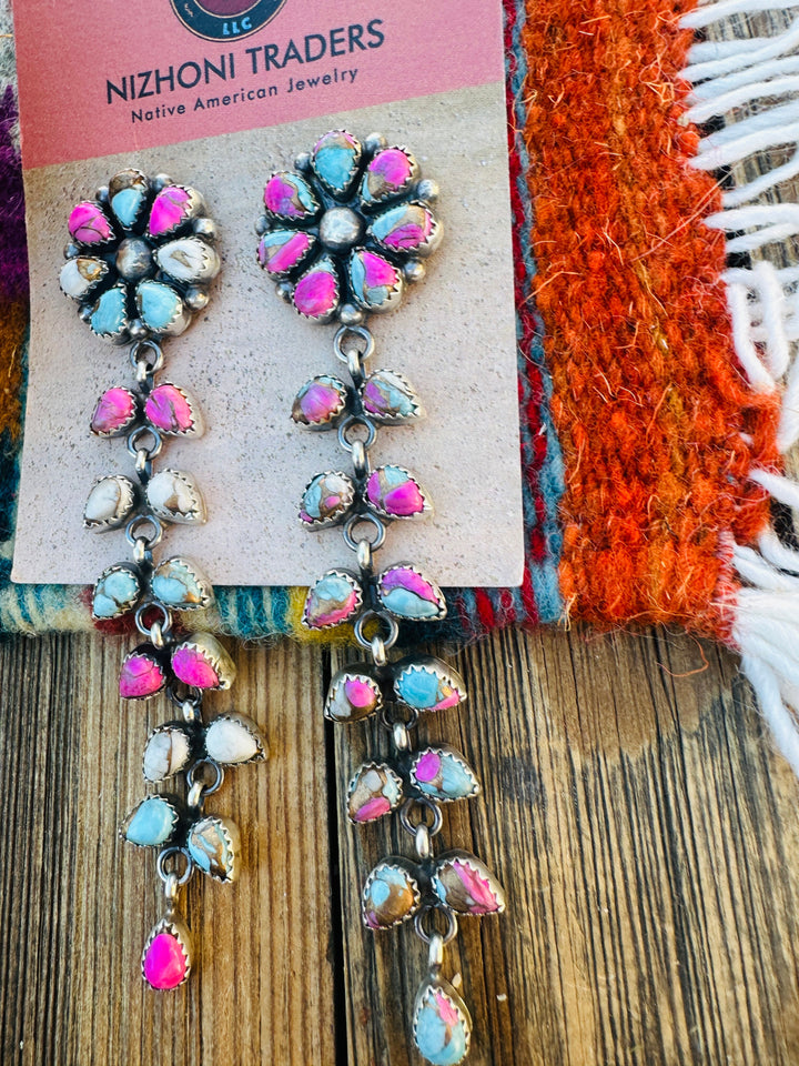 Handcrafted Cotton Candy Turquoise & Sterling Silver Cluster Dangle Earrings by Pearlene Spencer