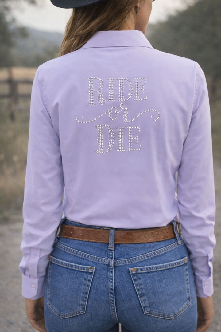 Ride Or Die Rhinestone Button Up 4 Way Stretch Rodeo Shirt -Lavender