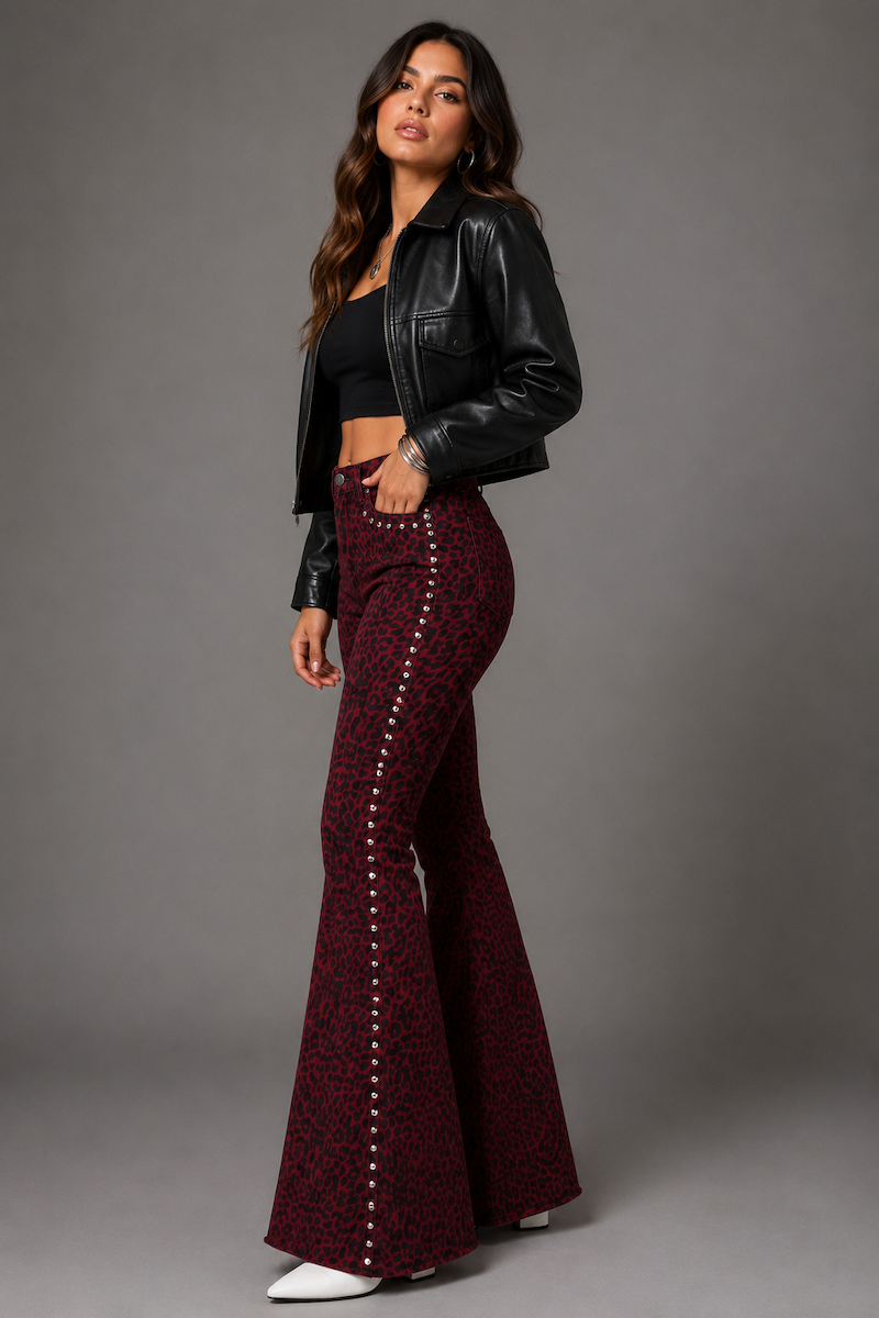 Studded Wine Leopard Print Bell Bottom Jeans GJG DENIM