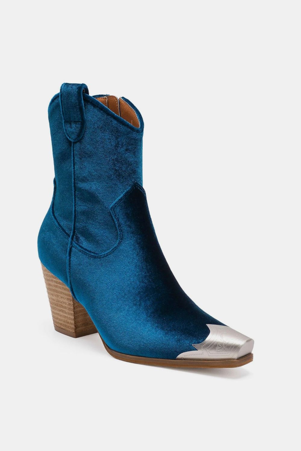 Blue Velvet Block Heel Boots