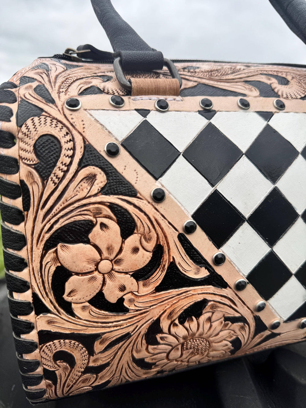 Tooled Leather Western Black and White Checkered Speedy Bag Double B Wild Rags