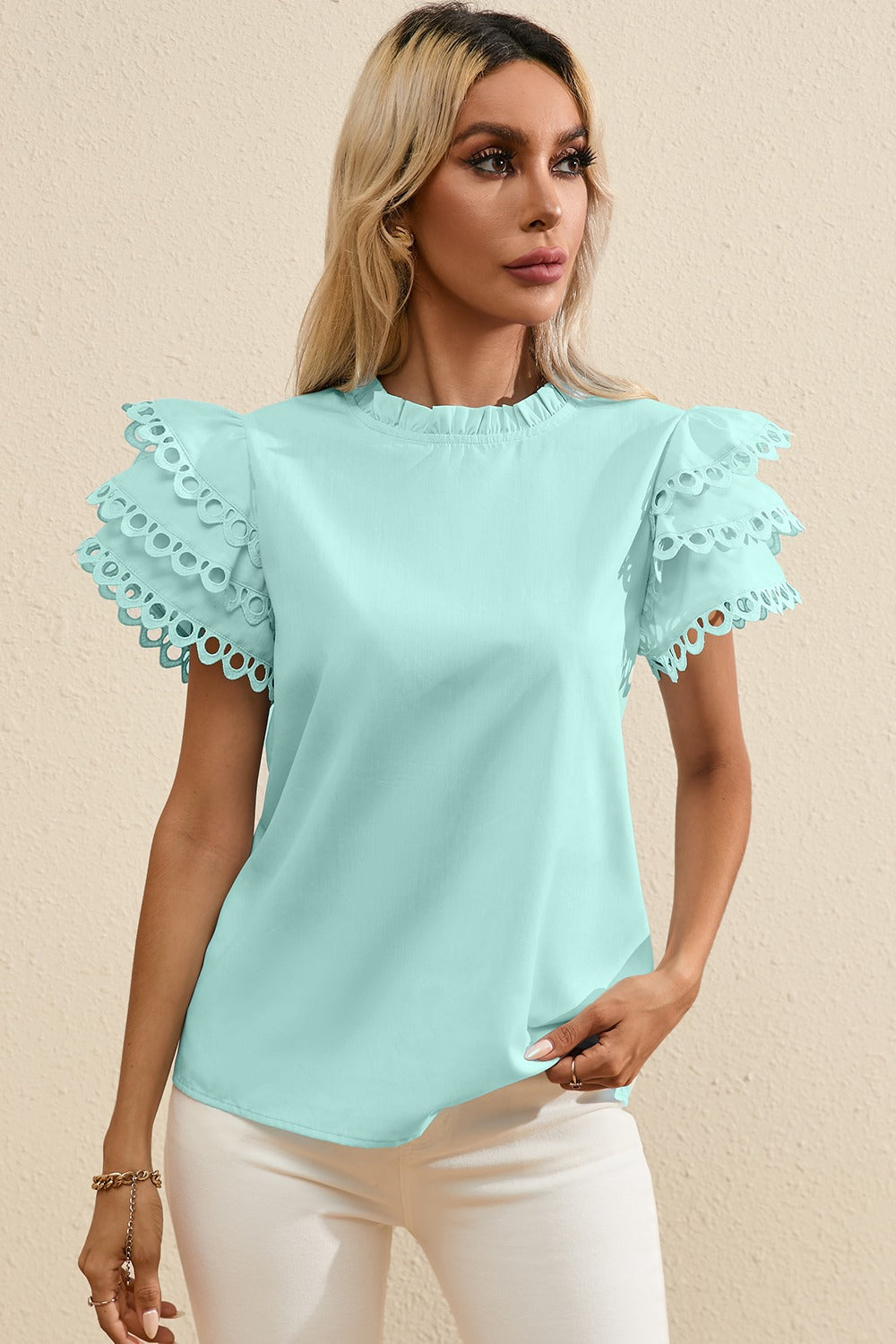 Ruffled Eyelet High Neck Cap Sleeve Blouse