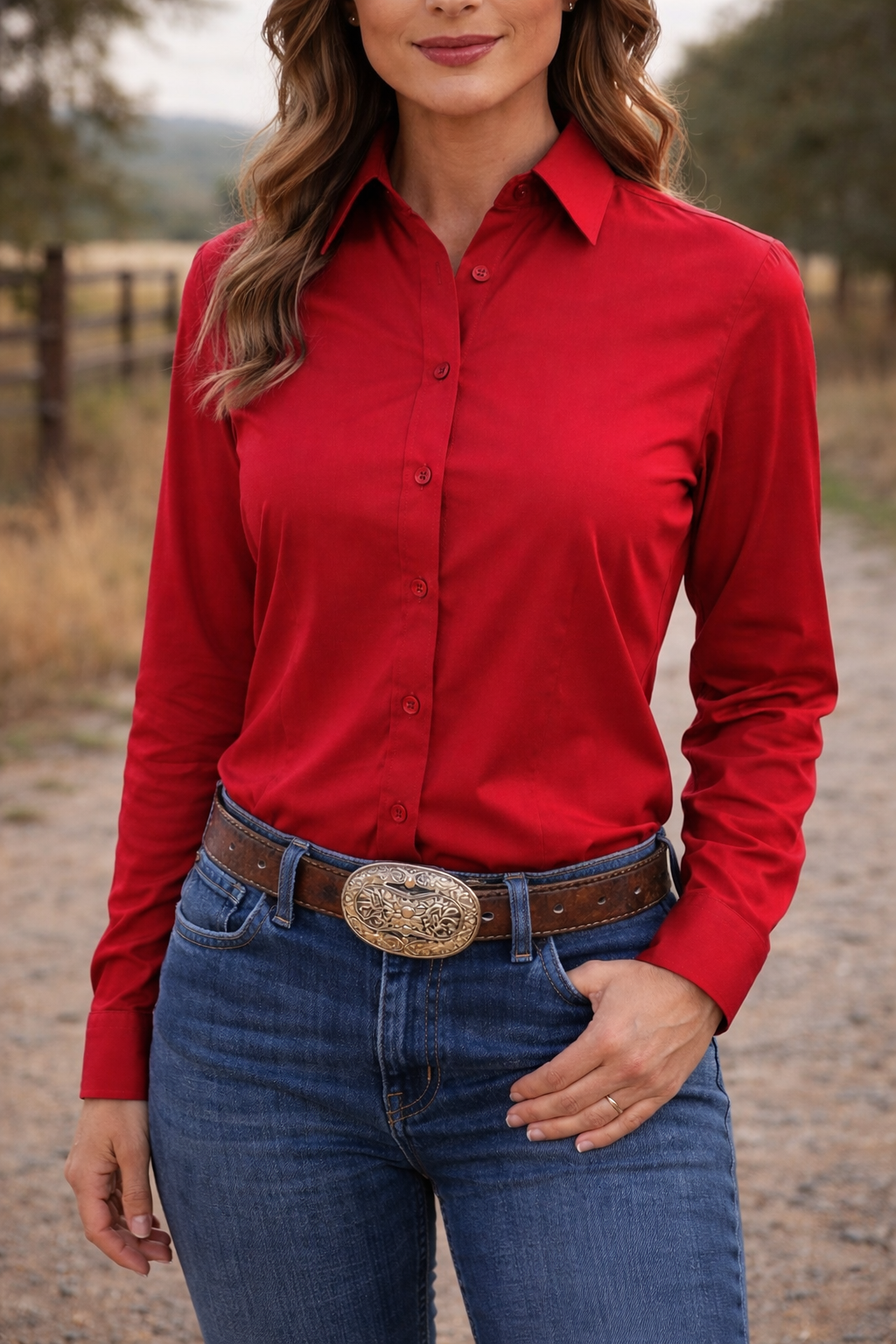 Ride Or Die Rhinestone Cotton Blend Button Up Rodeo Shirt -Red Neon Spur