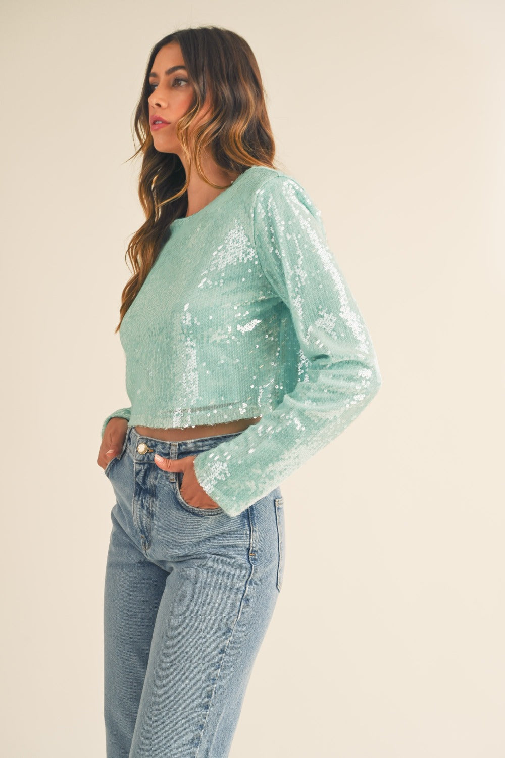 Minted Shoulder Padded Sequin Crop Top