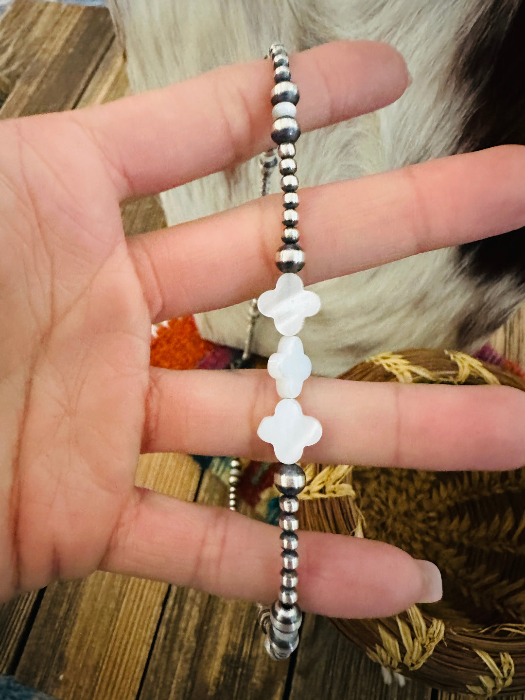 Handcrafted Mother of Pearl & Sterling Silver Pearl 18” Cross Beaded Necklace Nizhoni Traders LLC
