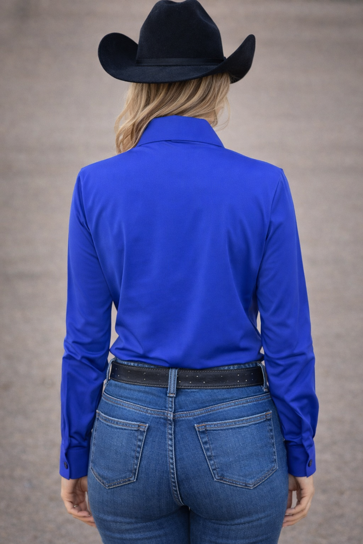 Neon Spur Royal Blue 4-Way Stretch Button Up Rodeo Shirt -Black Crystal Logo